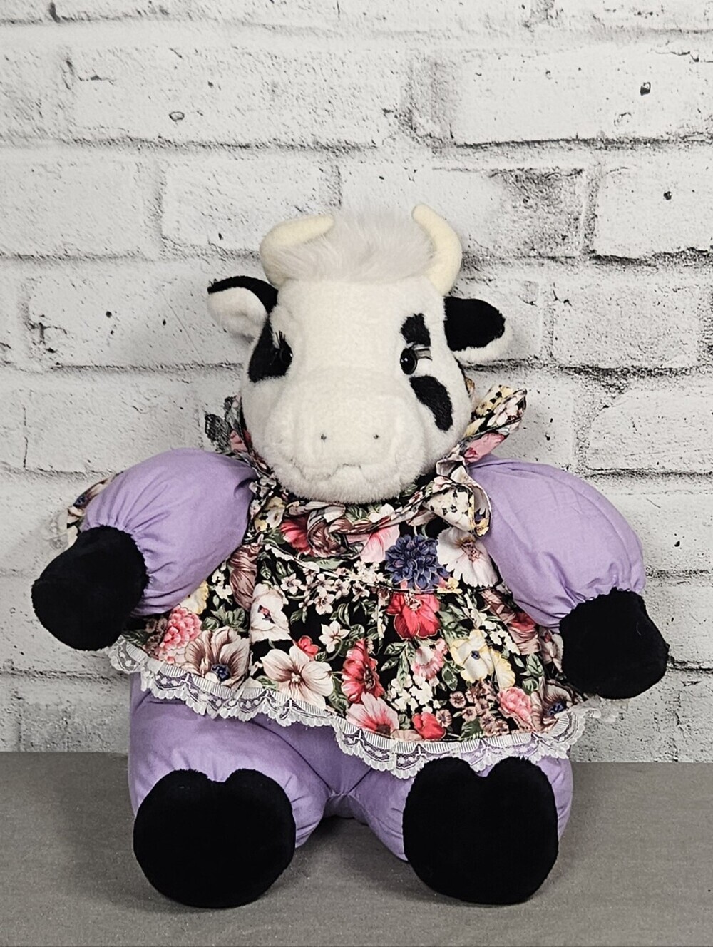 Vintage Plush Creations Cow Plush Doll Floral Dress Purple Stuffed Animal